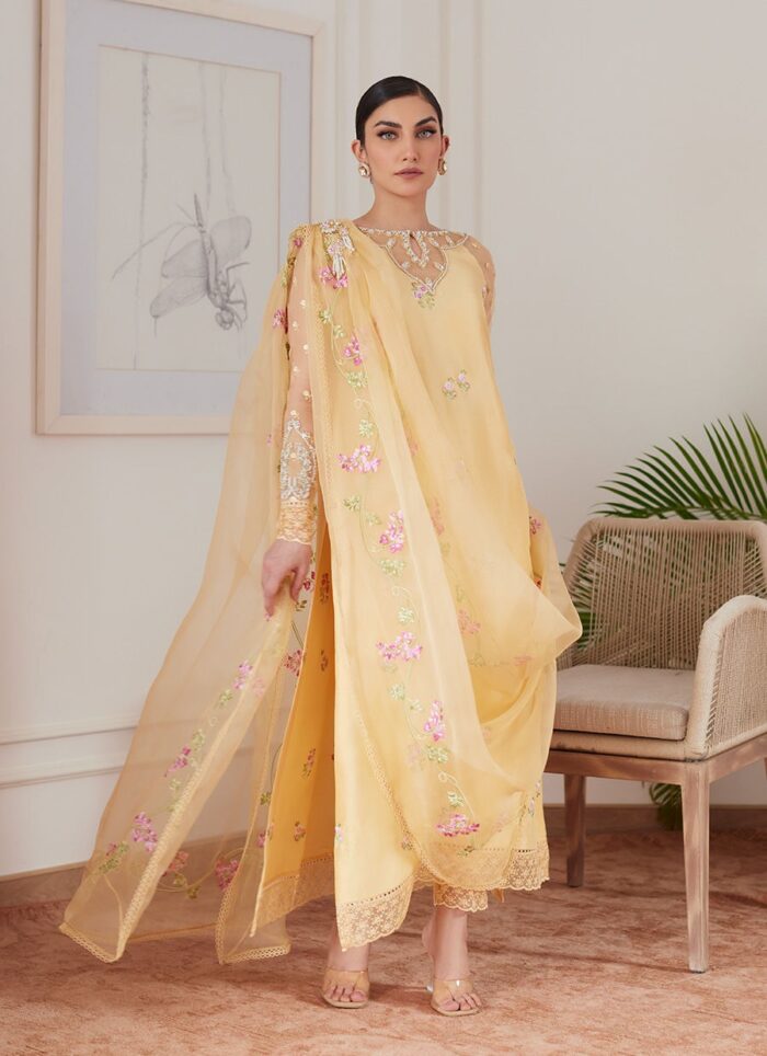 CYRILLA PALE YELLOW EMBROIDERED RAW SILK SHIRT WITH DRAPED DUPATTA