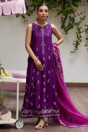 Irina Plum Embroidered Raw Silk Shirt with Dupatta
