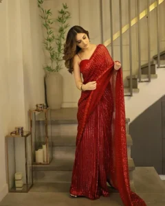 Shrenz Red Saree Exclusive Collection Chiffon Replica