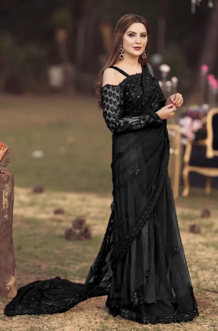 Shrenz Black Saree Exclusive Collection Net Replica