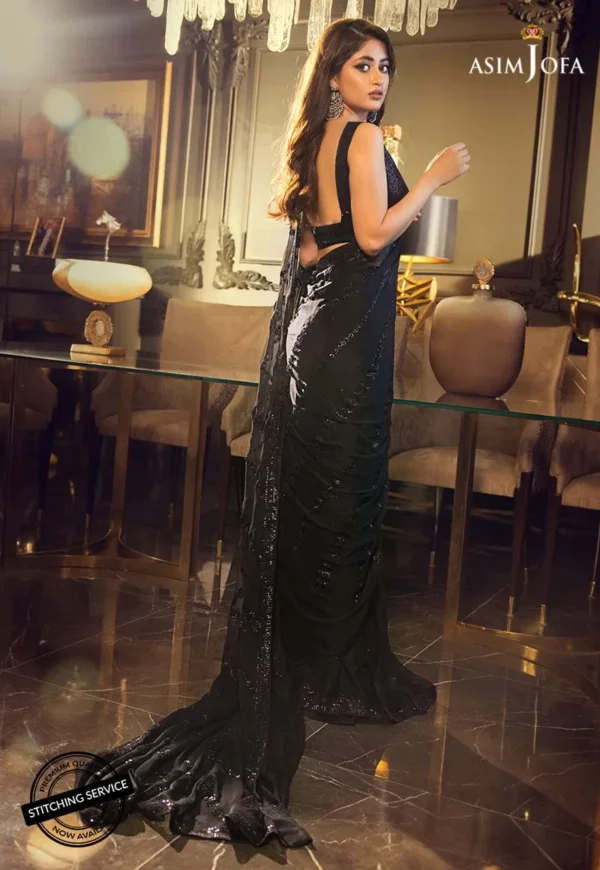 Asim Jofa Black Chiffon Saree Replica - Image 3