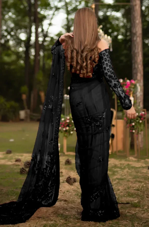 Shrenz Black Saree Exclusive Collection Net Replica - Image 3