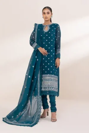 3 Piece - Embroidered Karandi Suit – Sapphire – Festive ’24