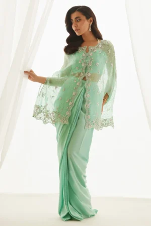 Farah Talib Aziz Wedding Luxe Pret - Calaya Aqua Cape